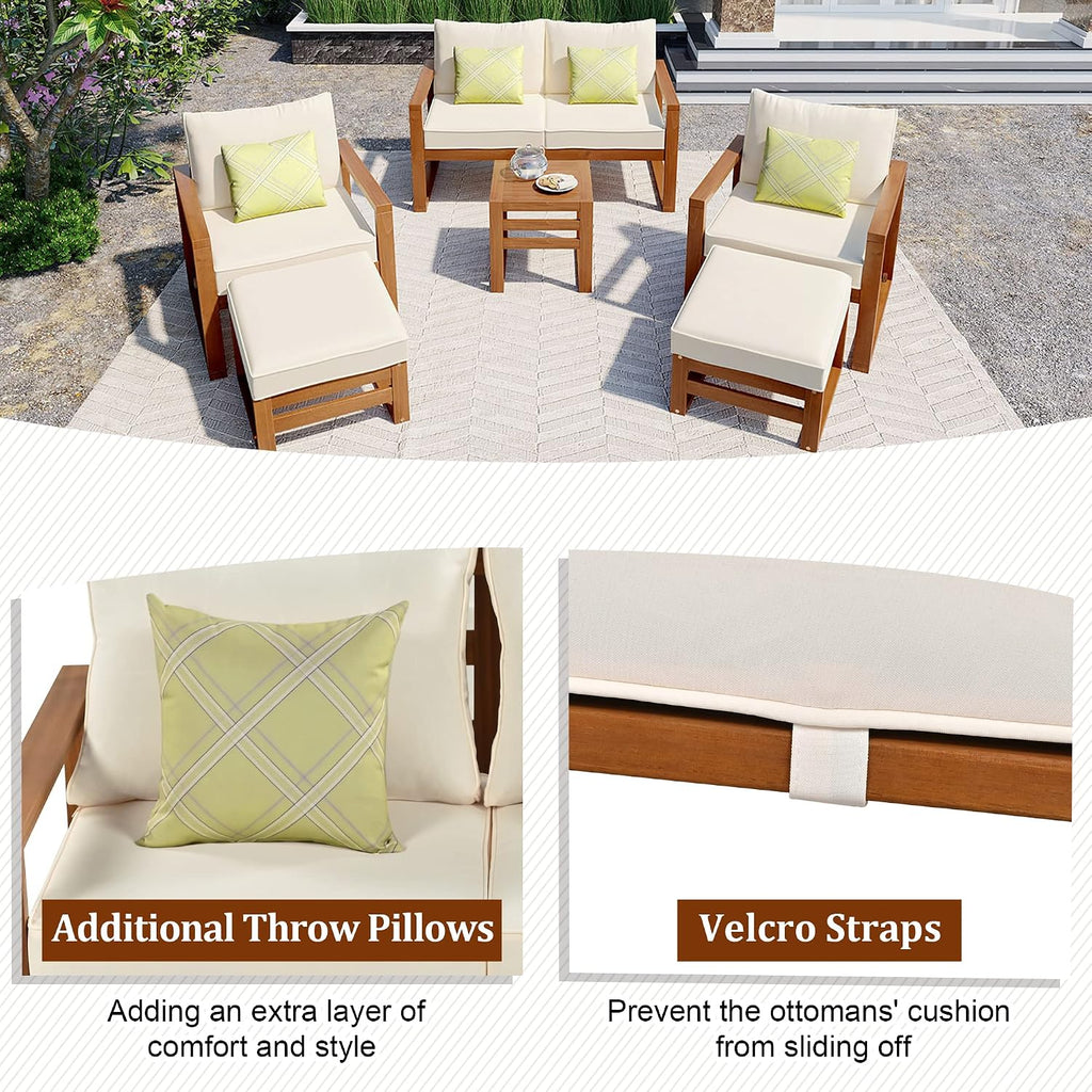 Outdoor Acacia Wood 6-Piece Conversation, Sunroom Furniture Indoor Sectional Garden Seating Groups Chat Set with Ottomans and Cushions, 4 Throw Pillows, for Balcony Backyard Porch (Beige-0H)
