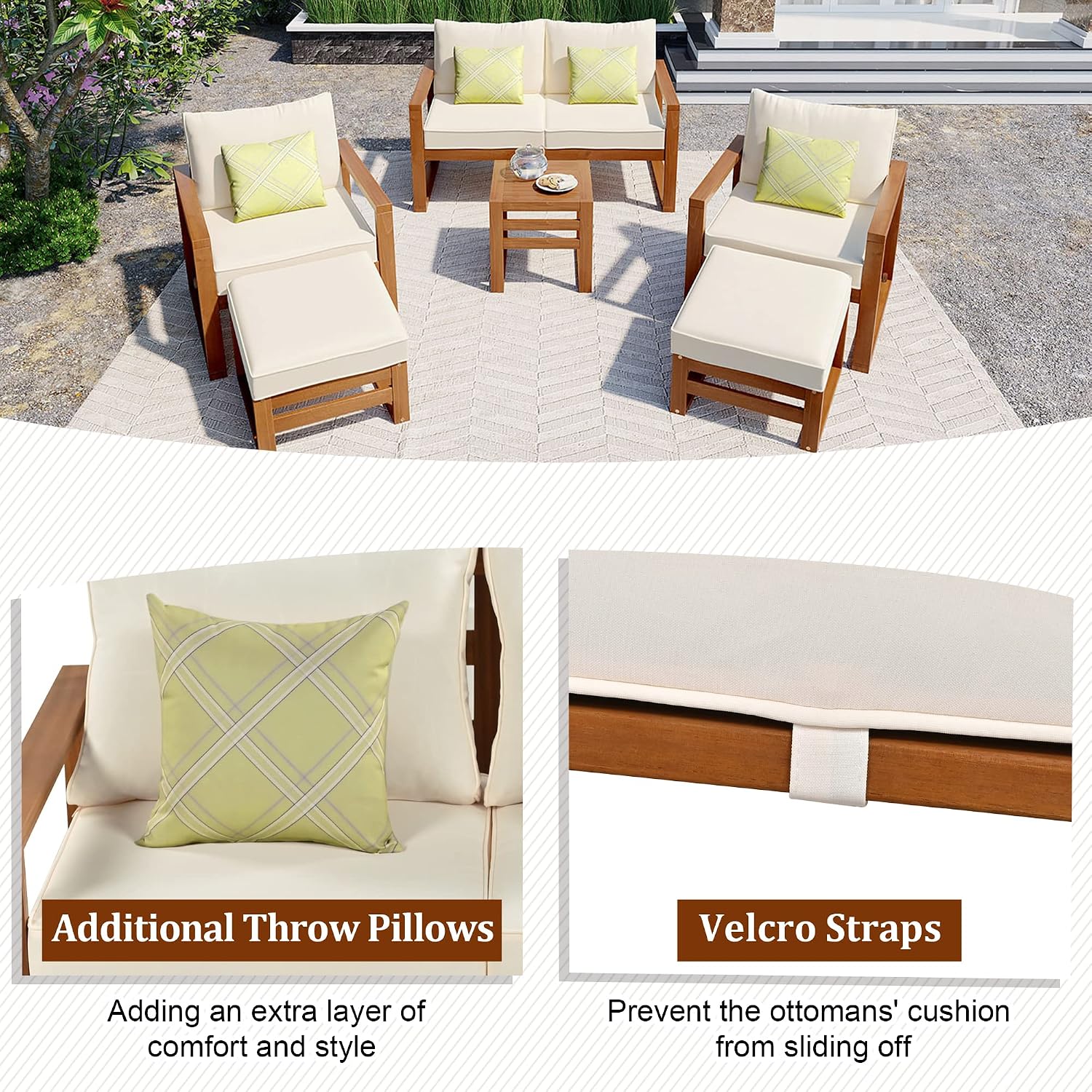 Outdoor Acacia Wood 6-Piece Conversation, Sunroom Furniture Indoor Sectional Garden Seating Groups Chat Set with Ottomans and Cushions, 4 Throw Pillows, for Balcony Backyard Porch (Beige-0H)