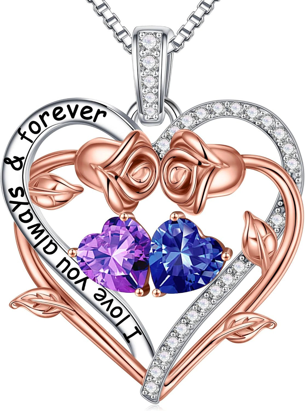Iefil Rose Heart Double Birthstone Necklace Gifts for Wife Girlfriend Her Women, Birthstone Jewelry Gemstone Birthday Gifts for Mom Grandma Her Wife Women
