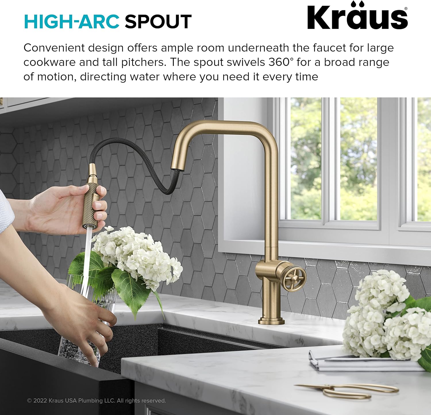KRAUS Urbix Industrial Pull-Down Single Handle Kitchen Faucet in Brushed Gold, KPF-3126BG
