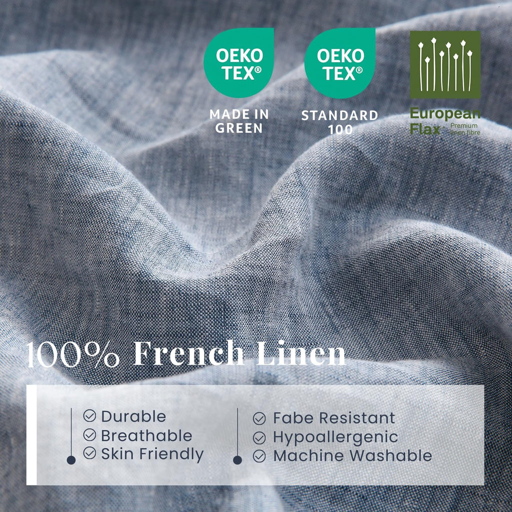 S VICTORY SYMBOL 100% Organic Linen Chambray Sheets Set King Size,Washed French Flax Bed Sheets 4 Pieces(2 Pillowcases,1 Fitted Sheet,1 Flat Sheet) 16inch Deep Pockt,Yarn Dyed Blue Denim