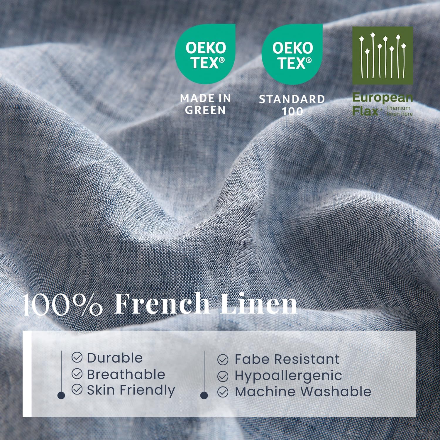 S VICTORY SYMBOL 100% Organic Linen Chambray Sheets Set King Size,Washed French Flax Bed Sheets 4 Pieces(2 Pillowcases,1 Fitted Sheet,1 Flat Sheet) 16inch Deep Pockt,Yarn Dyed Blue Denim