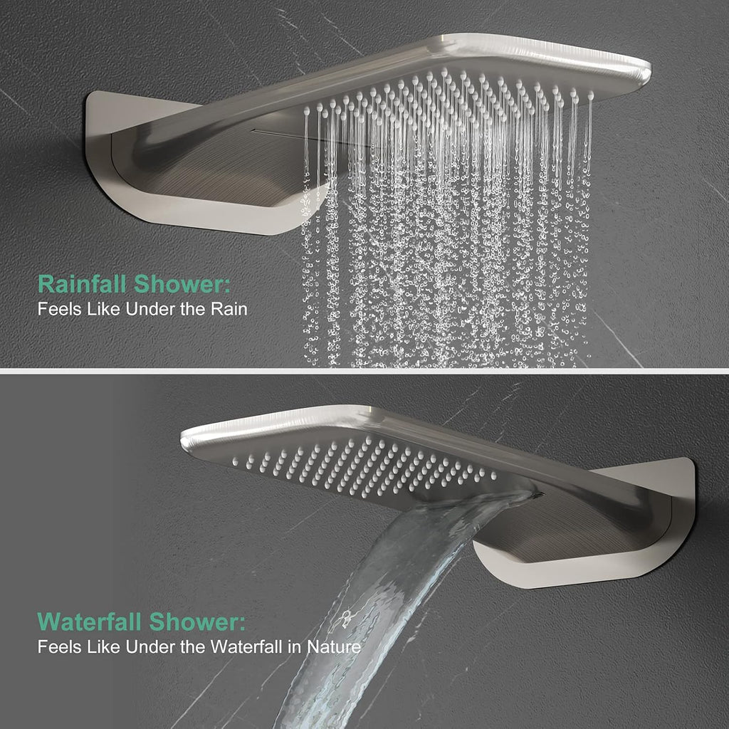 4-Function Waterfall Shower System with Body Jets, SR SUN RISE Full Body Rainfall Shower System with Handheld Shower Faucet Complete Sets, Wall Mounted Shower Fixture Set for Bathroom, Brushed Nickel