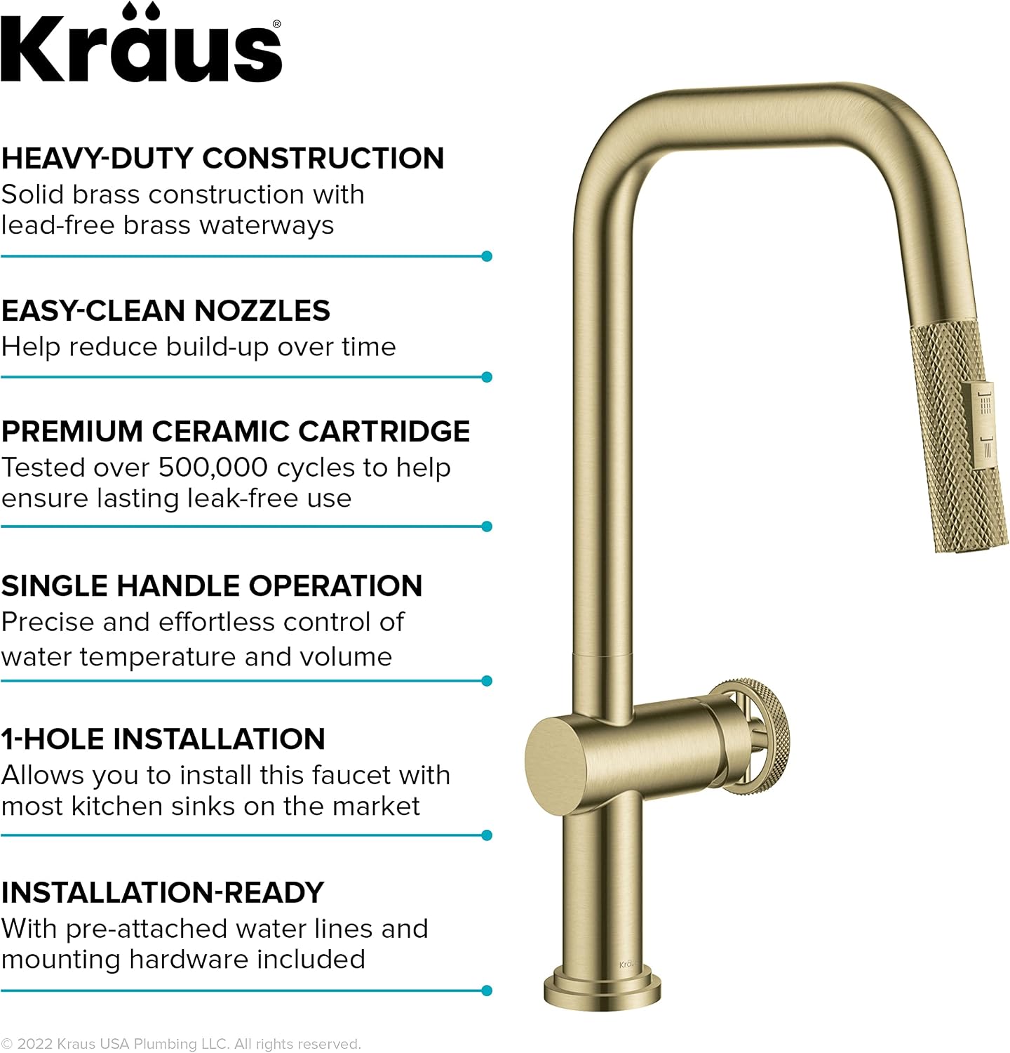 KRAUS Urbix Industrial Pull-Down Single Handle Kitchen Faucet in Brushed Gold, KPF-3126BG