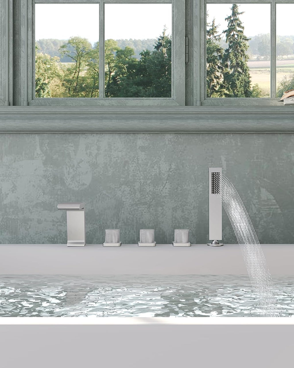 Bathtub Faucet Set with 3 Handle, Deck Mount 5 Hole Roman Waterfall Spout Bath Tub Faucet with Valve, Brushed Nickel