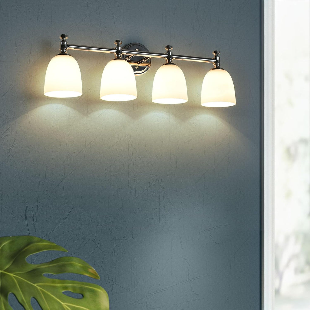 Bathroom Vanity Light, 4-Light Bathroom Light Fixtures Over Mirror, Traditional Vanity Lights for Living Room, Milk White Bell Glass Shades, Standard E26 Base, Polished Nickel