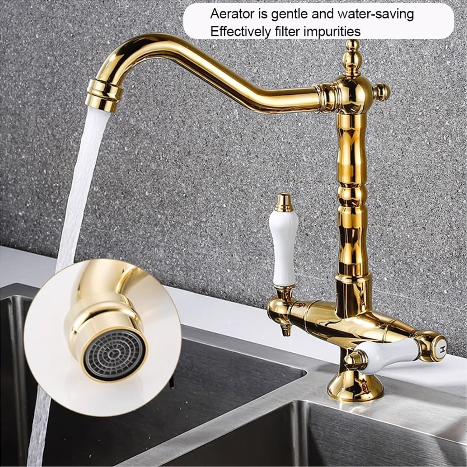 All Copper Retro European Kitchen Faucet Double Handle Hot and Cold Rotating Faucet(Gold)