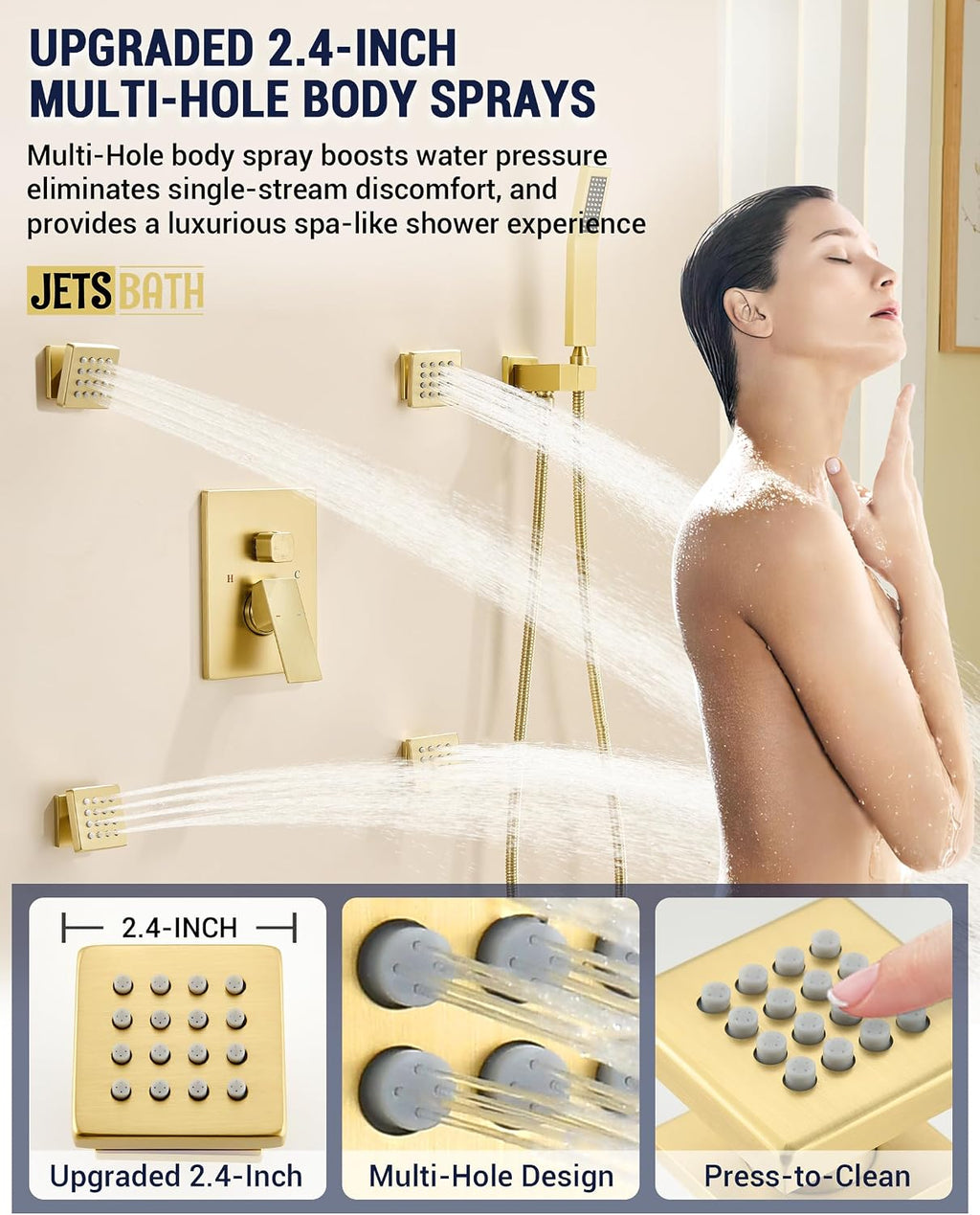 Dual Rainfall Shower Head System with 4 Body Jets, JetsBath Shower Faucet Set Double Shower Head 6-Inch Shower Head & 12' Rain Shower, Luxury Brushed Gold Shower Faucet Set,Wall-Mounted Shower System