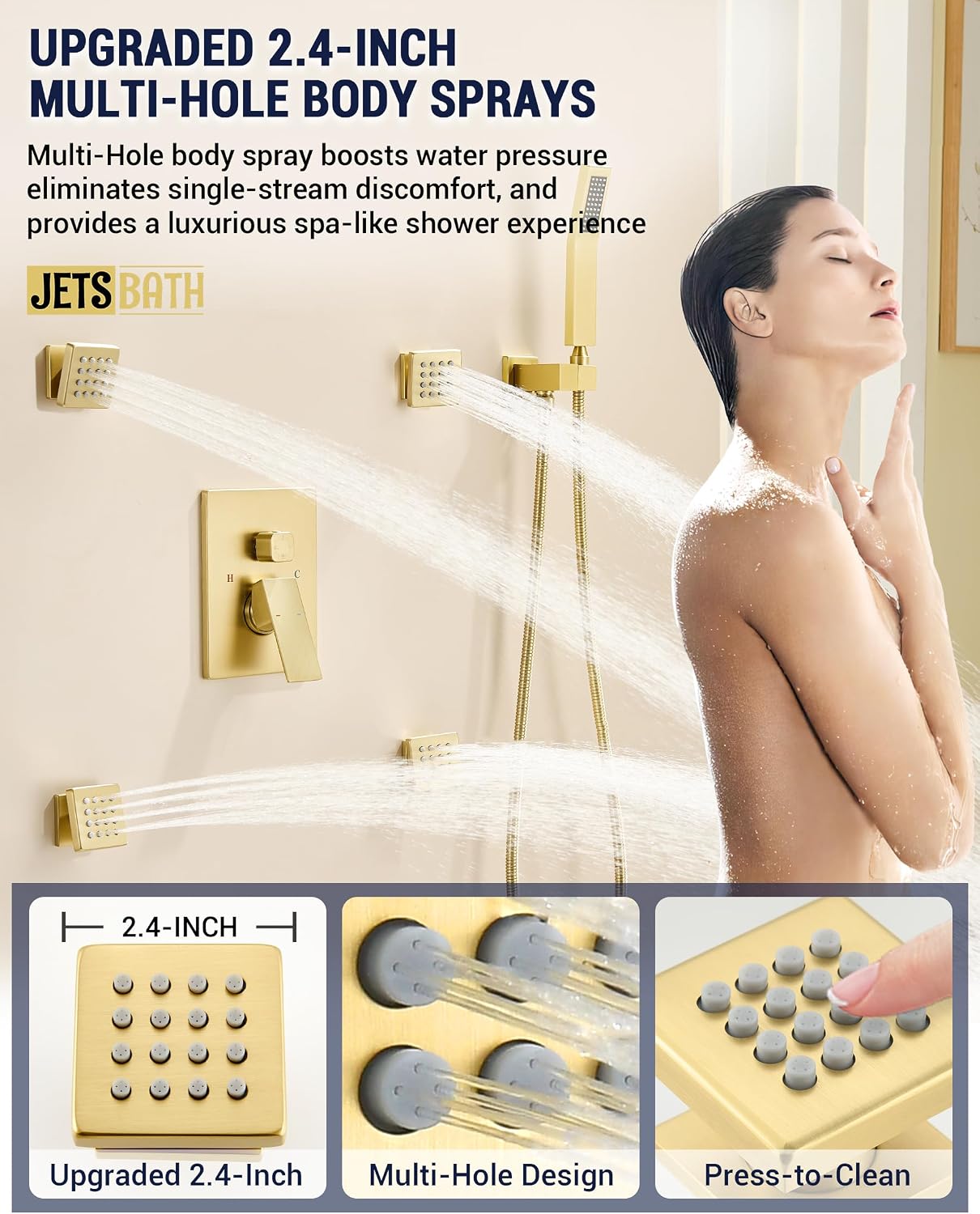 Dual Rainfall Shower Head System with 4 Body Jets, JetsBath Shower Faucet Set Double Shower Head 6-Inch Shower Head & 12' Rain Shower, Luxury Brushed Gold Shower Faucet Set,Wall-Mounted Shower System
