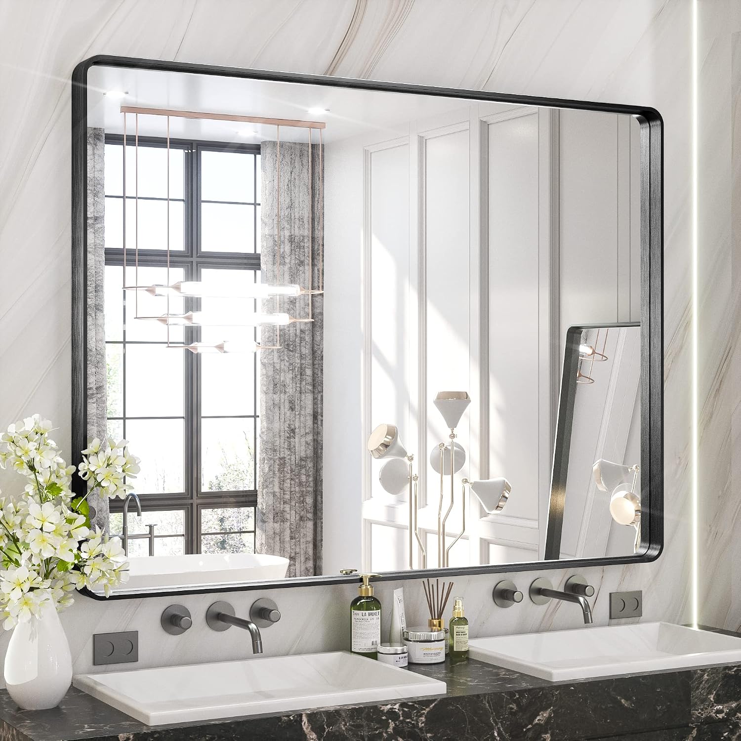 TETOTE 48 x 36 Inch Mirrors for Bathroom, Matte Black Framed Rectangular Large Modern Farmhouse Vanity Mirror for Wall Decor (Horizontal/Vertical)