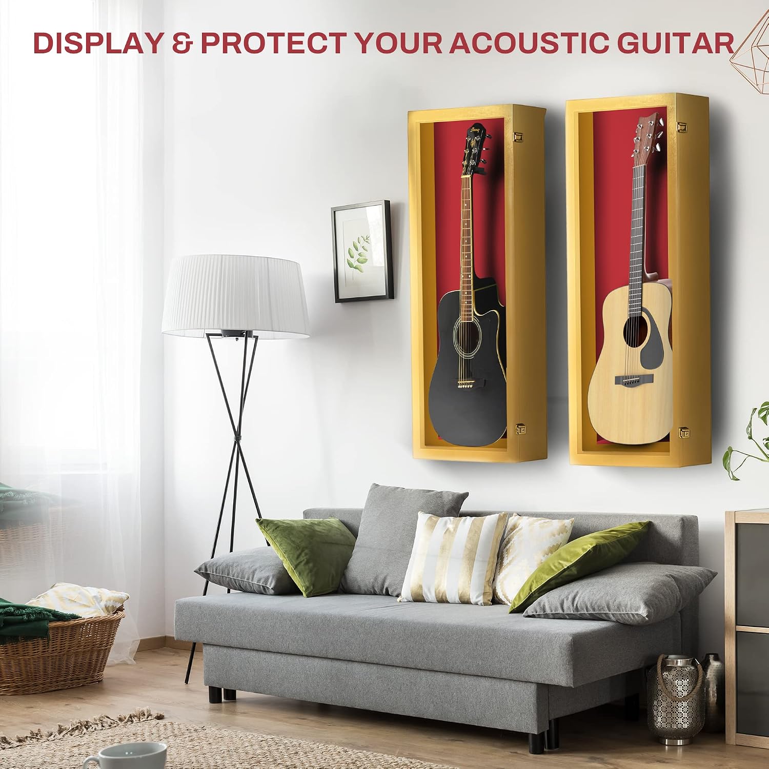 PENNZONI Acoustic Guitar Display Case - Acrylic Acoustic Guitar Case - Guitar Display Case Wall Mount Made from Hardwood Frame & Clear Acrylic - Golden Oak w/Red Felt