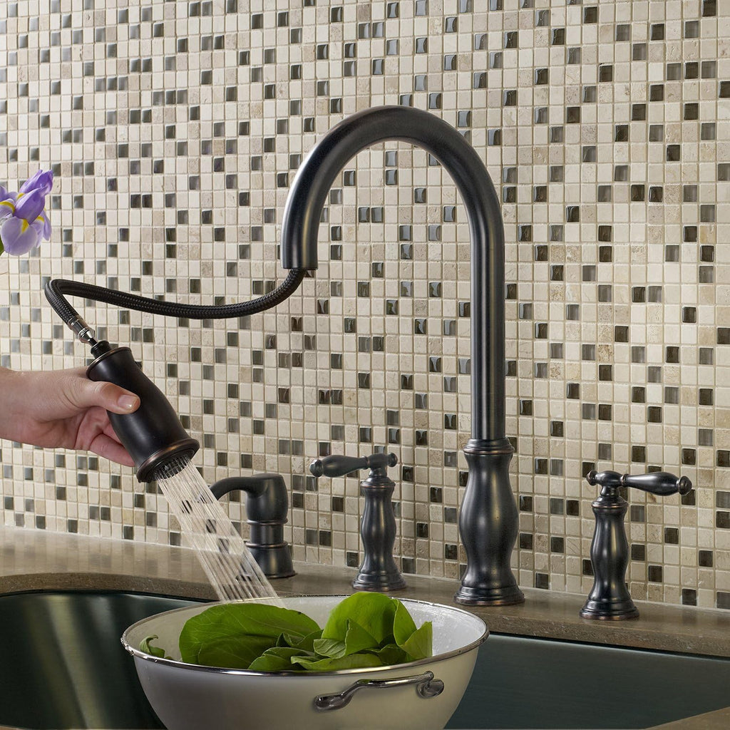 Pfister Hanover Kitchen Sink Faucet with Pull Down Sprayer and Soap Dispenser, 2-Handle High Arc Design, 4-Hole Installation, Tuscan Bronze Finish for Kitchen Sink F5314HNY