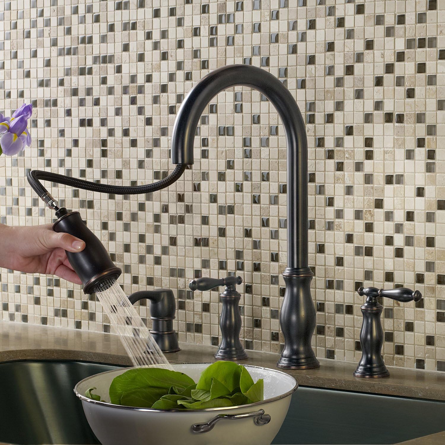 Pfister Hanover Kitchen Sink Faucet with Pull Down Sprayer and Soap Dispenser, 2-Handle High Arc Design, 4-Hole Installation, Tuscan Bronze Finish for Kitchen Sink F5314HNY