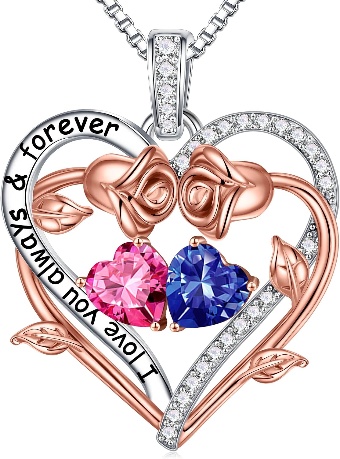 Iefil Rose Heart Double Birthstone Necklace Gifts for Wife Girlfriend Her Women, Birthstone Jewelry Gemstone Birthday Gifts for Mom Grandma Her Wife Women