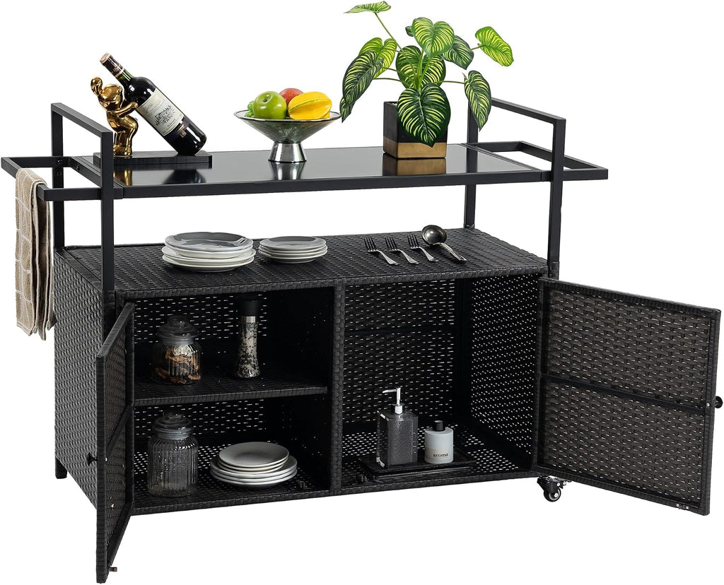 Outdoor Rattan Bar Cart, Rolling Wicker Bar Table with Tempered Glass Tabletop, Patio Wine Beverage Serving Cart with Wheels, Outdoor Storage Table for Porch, Backyard, Garden, Poolside, Black