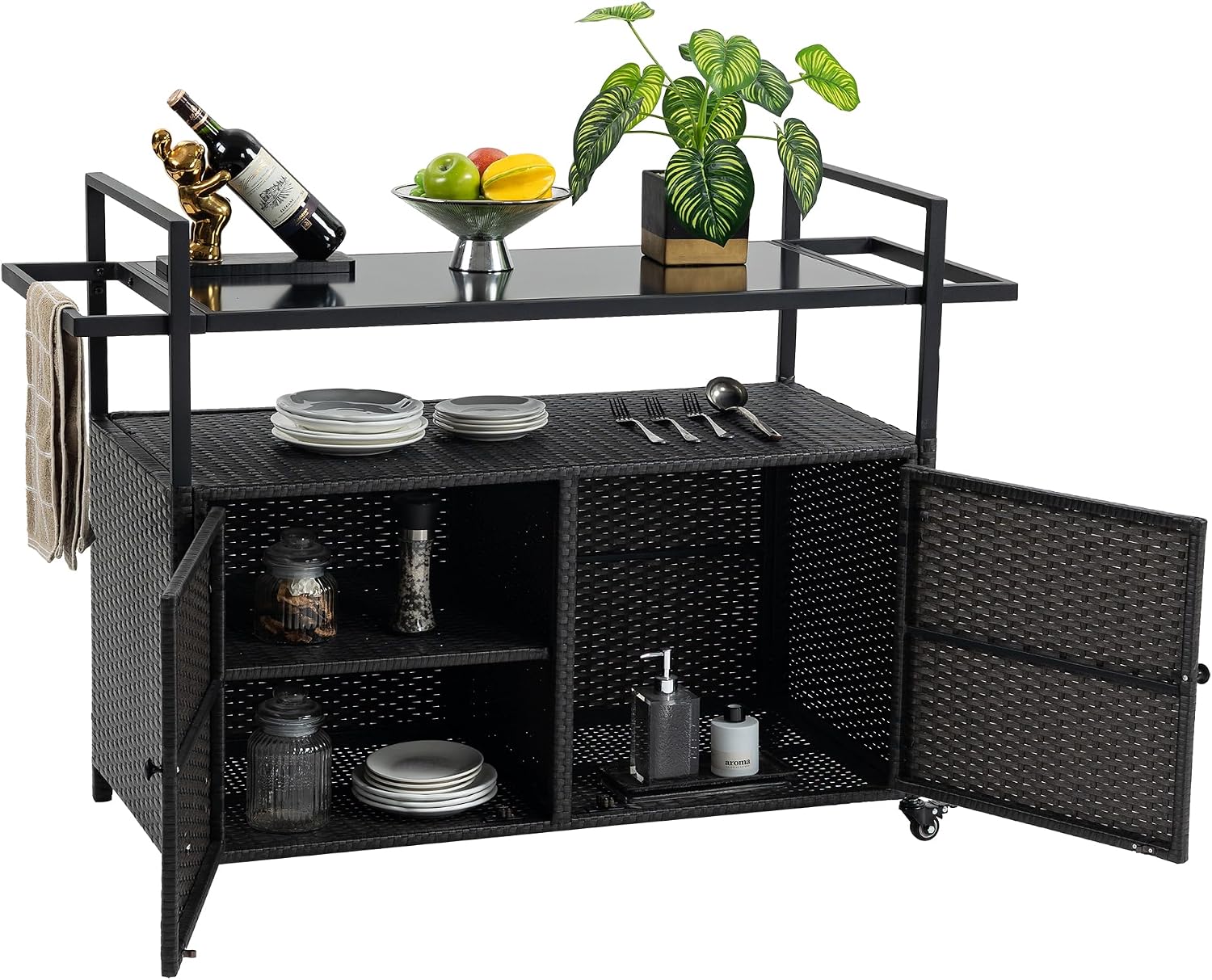 Outdoor Rattan Bar Cart, Rolling Wicker Bar Table with Tempered Glass Tabletop, Patio Wine Beverage Serving Cart with Wheels, Outdoor Storage Table for Porch, Backyard, Garden, Poolside, Black