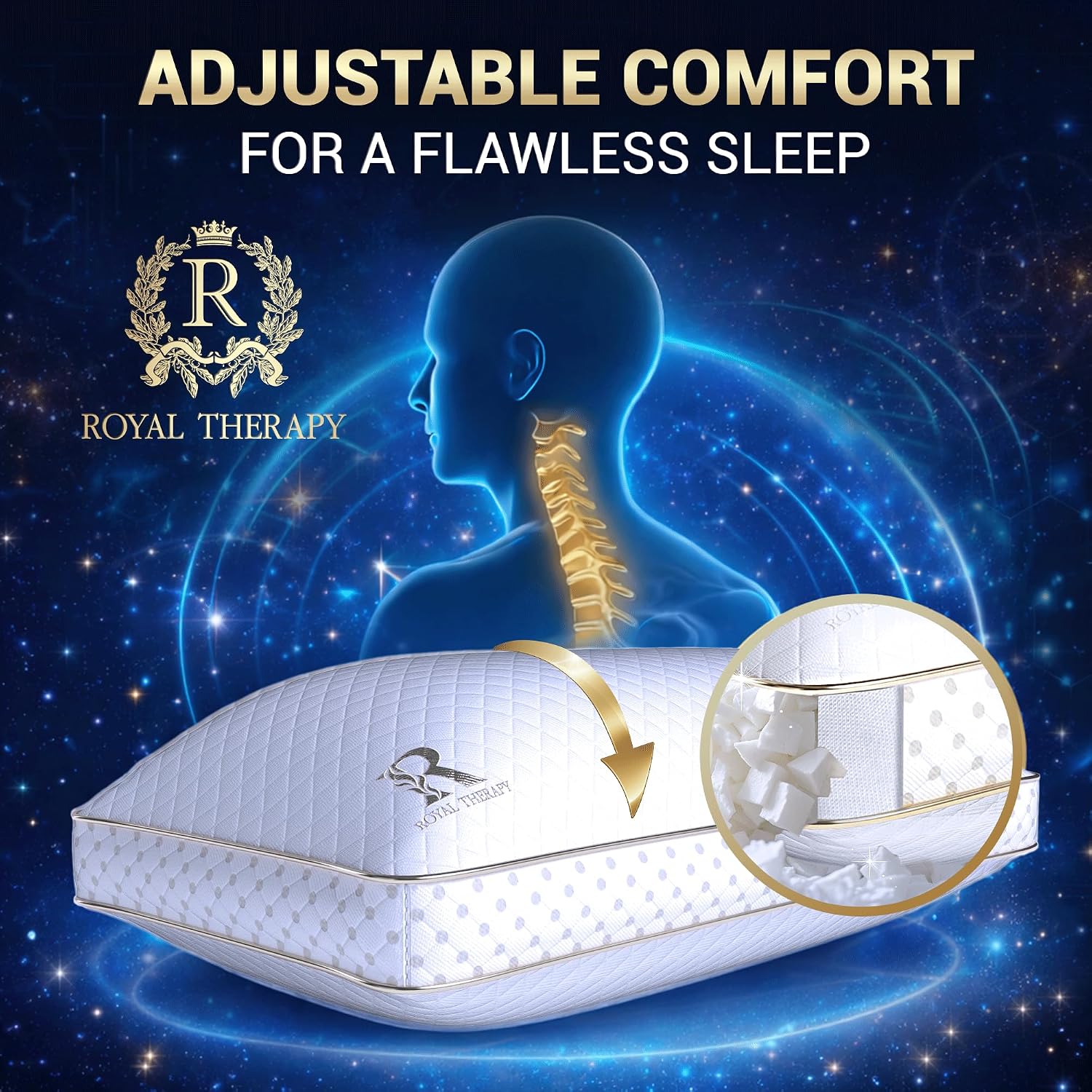 Royal Therapy 2-Pack Queen Memory Foam Pillow, Adjustable Shredded Odor-Free Bed Pillow for Neck & Shoulder Pain Relief, Breathable Support for Back, Stomach, Side Sleepers, AirFlowPRO