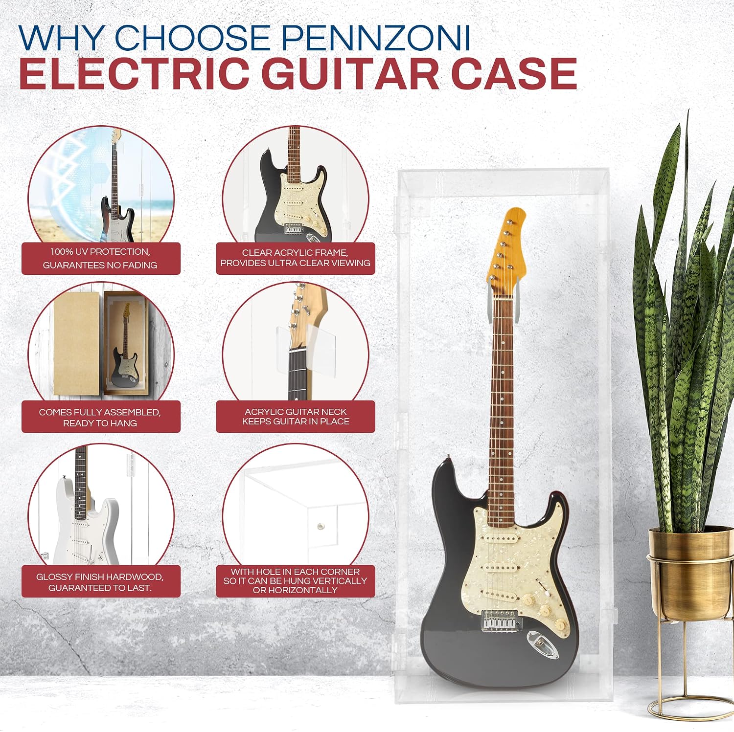 PENNZONI Electric Guitar Display Case - Fully Acrylic Electric Guitar Case with Clear Back - Horizontal Guitar Display Case Wall Mount, Guitar Wall Case Made from Clear Acrylic
