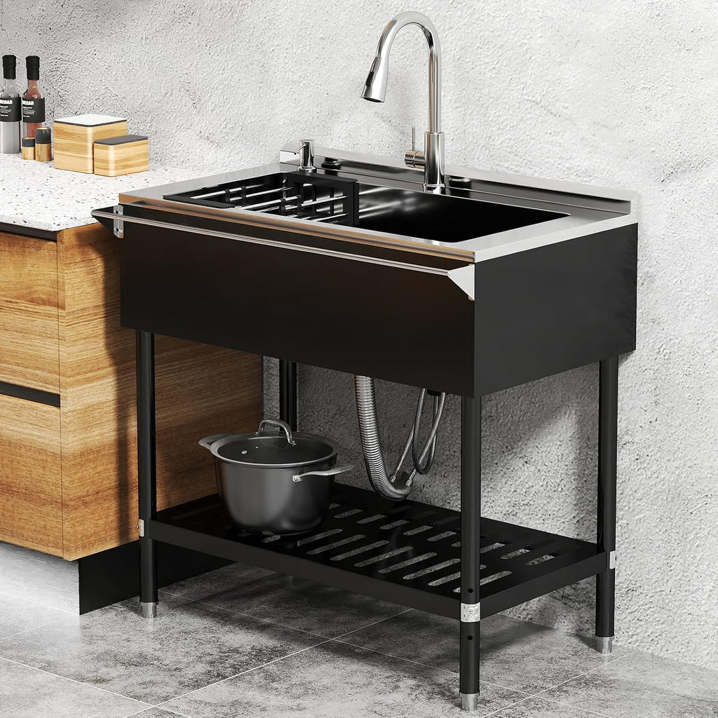 Stainless Steel Utility Sink, 30.8'' Free Standing Single Bowl Sink with Pull-Out Faucet & Cold and Hot Water Pipe & basket, Indoor and Outdoor Sink for Laundry Room, Garage, Kitchen, Black