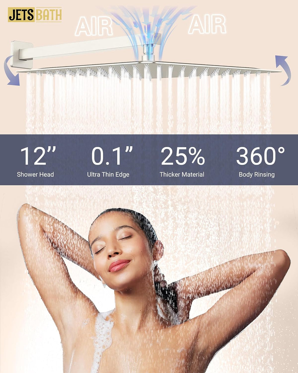Dual Rainfall Shower Head System with 4 Body Jets, JetsBath Shower Faucet Set Double Shower Head 6-Inch Shower Head & 12' Rain Shower,Luxury Brushed Nickel Shower Faucet Set,Wall-Mounted Shower System