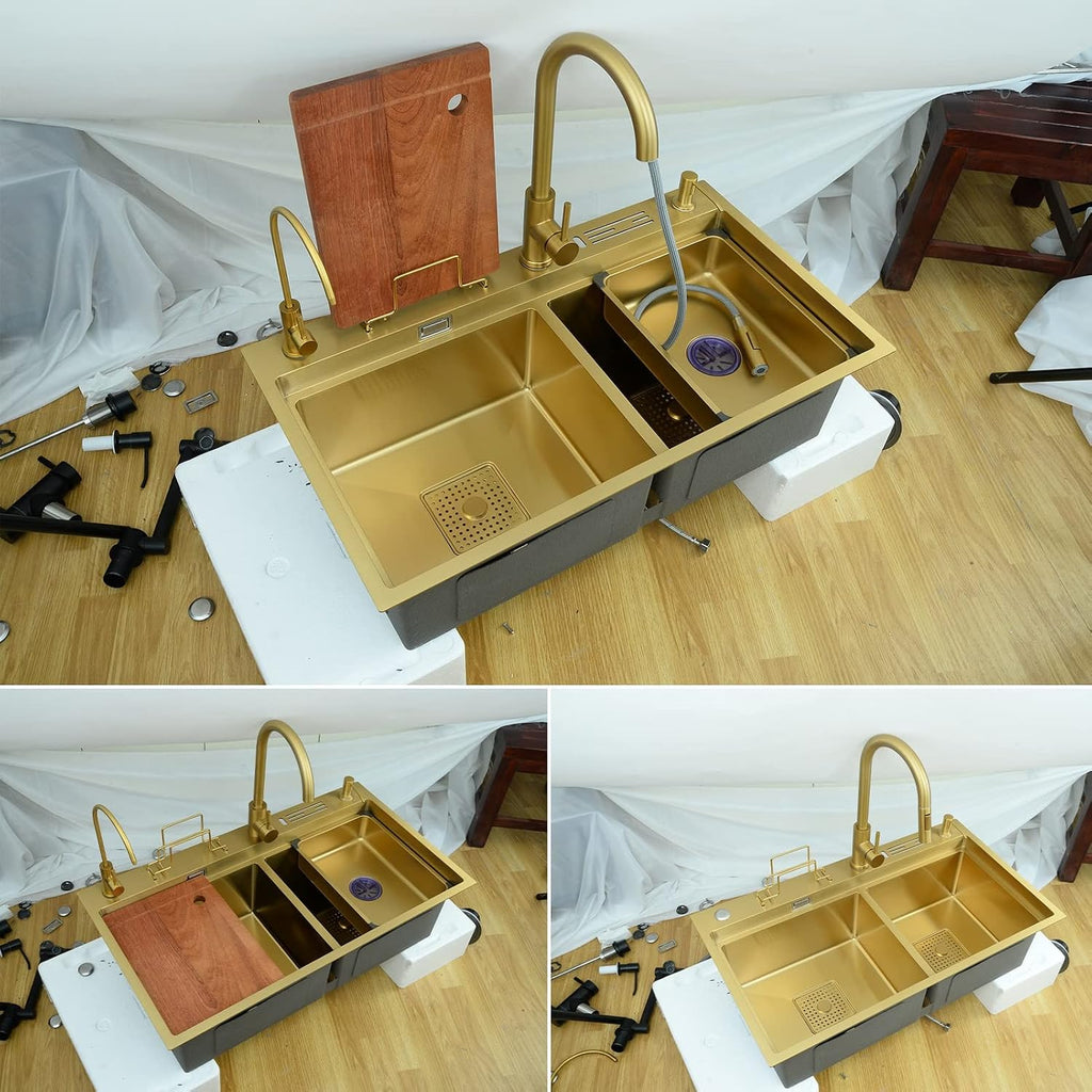 Kitchen Sink 304 Stainless Home Sink Kitchen, Double Gold Sink Kitchen, with Faucet, Clean Faucet, Soap Dispenser, Cutting Board and Accessories,Gold a-78x46cm