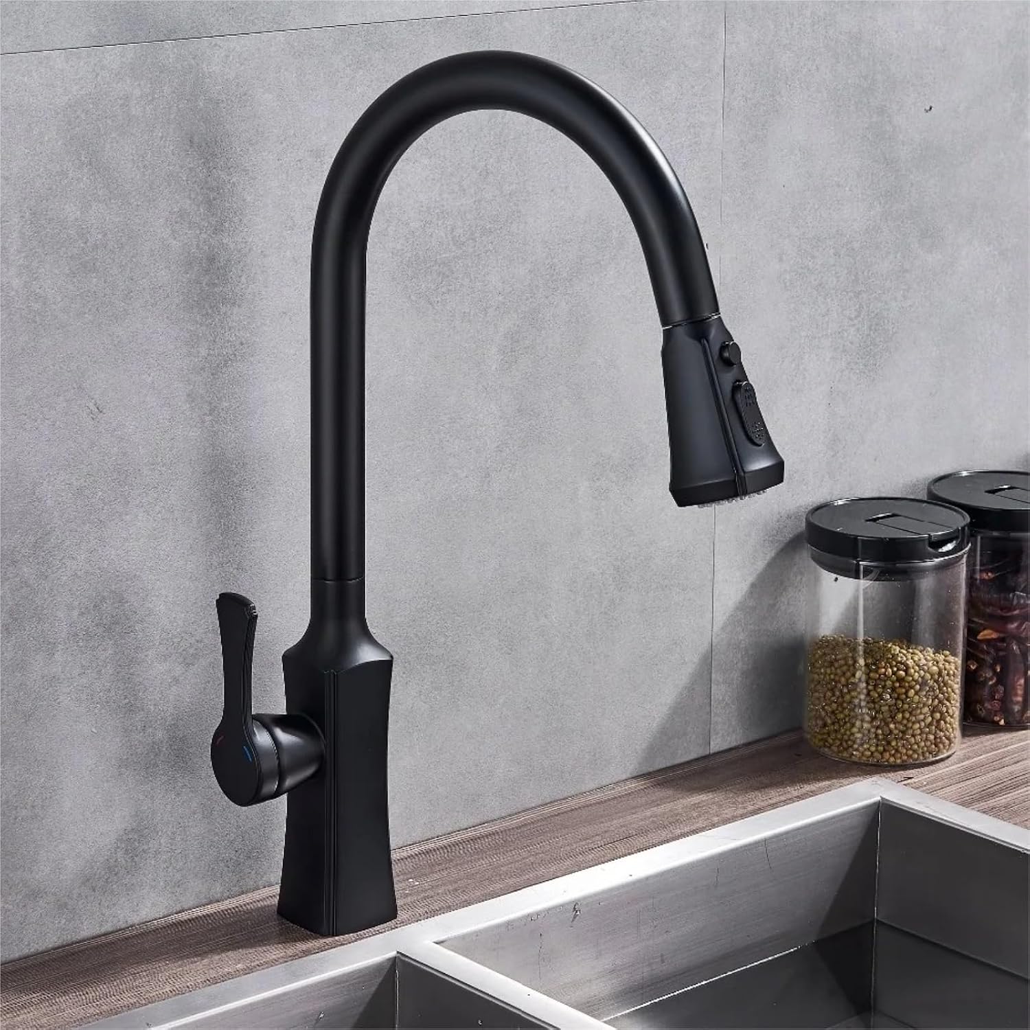 Kitchen Faucet Single Handle Hand-Out Single Hole Hot and Cold Faucet Tap(Matte Black)