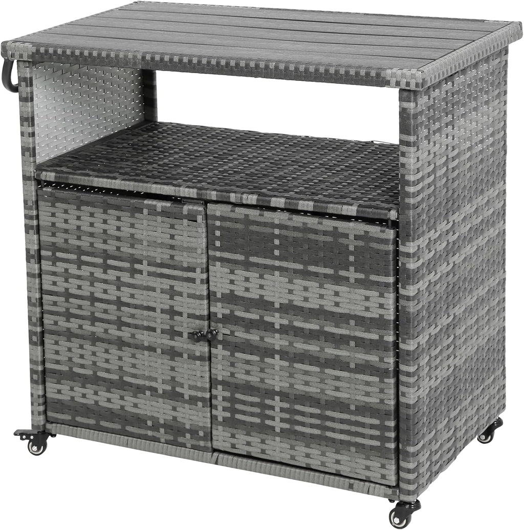 Outdoor Wicker Bar Cart with Wheels, Outdoor Rolling Kitchen Island Grill Cart with Storage Cabinet, Outside Portable Bar Table for Events, Patio, Porch, Backyard, Garden, Poolside, Aqua Grey