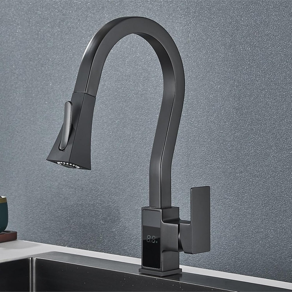 Smart Digital Display Kitchen Faucet Single Handle Pull Out Kitchen Sink Mixer Hot Cold Water Taps(Matte Black)