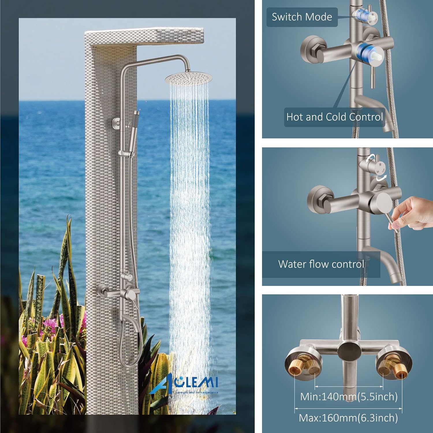 Aolemi Outdoor Shower Fixture SUS304 Triple Function Brushed Nickel Wall Mounted Stainless Steel Shower Faucet System Set with Hand Spray,8' Rain Shower Head
