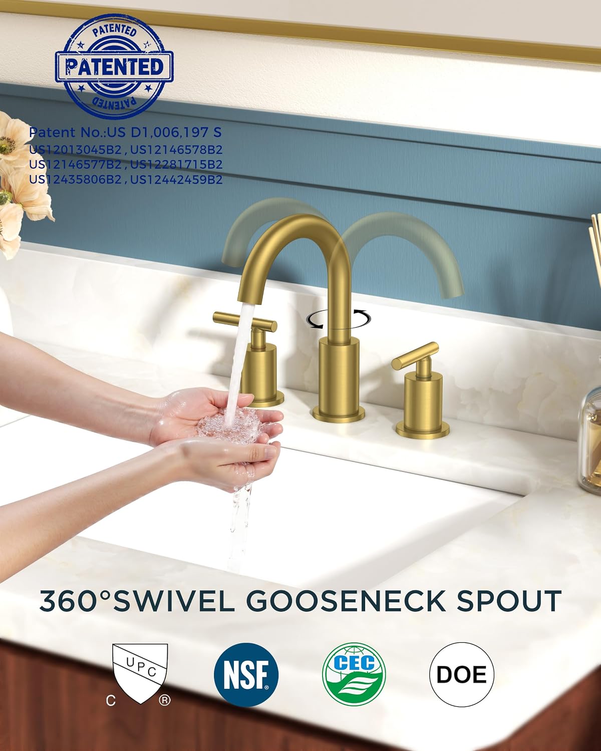 FORIOUS 2 Pack 8 Inch Widespread Brushed Gold Bathroom Faucet 3 Hole, 2 Handle Gold Sink Faucet Bathroom Vanity with 360 Degree Swivel Spout, with Pop Up Drain and cUPC Supply Line