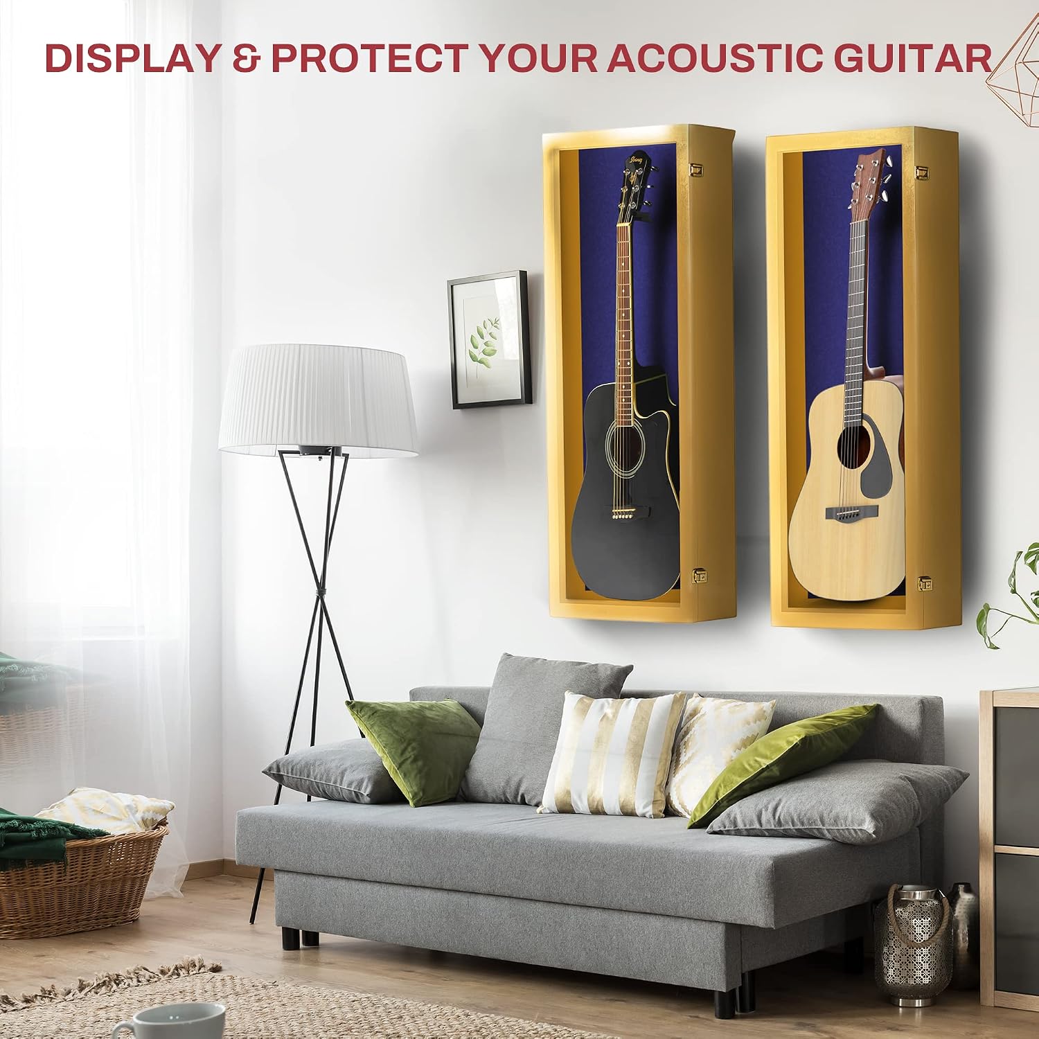 PENNZONI Acoustic Guitar Display Case - Acrylic Acoustic Guitar Case - Guitar Display Case Wall Mount Made from Hardwood Frame & Clear Acrylic - Golden Oak w/Felt Blue