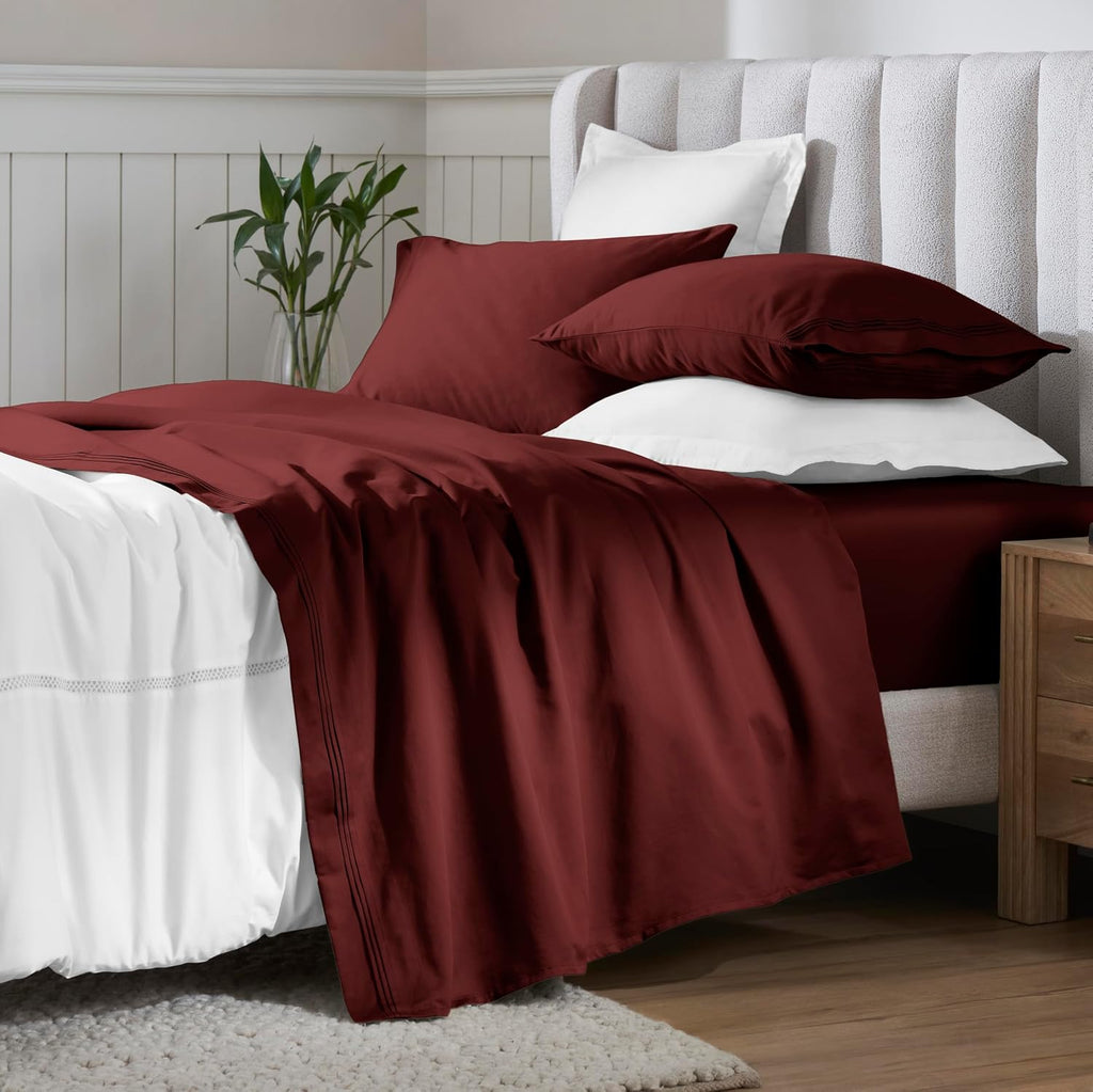 Superior Egyptian Cotton 4 Piece Sheet Set, 650 Thread Count, Eco-Friendly, Sustainable Sheets, Ultra-Soft Basics, Solid, Deep Pocket Fitted Sheet, Flat Sheet, Pillowcases, California King, Burgundy