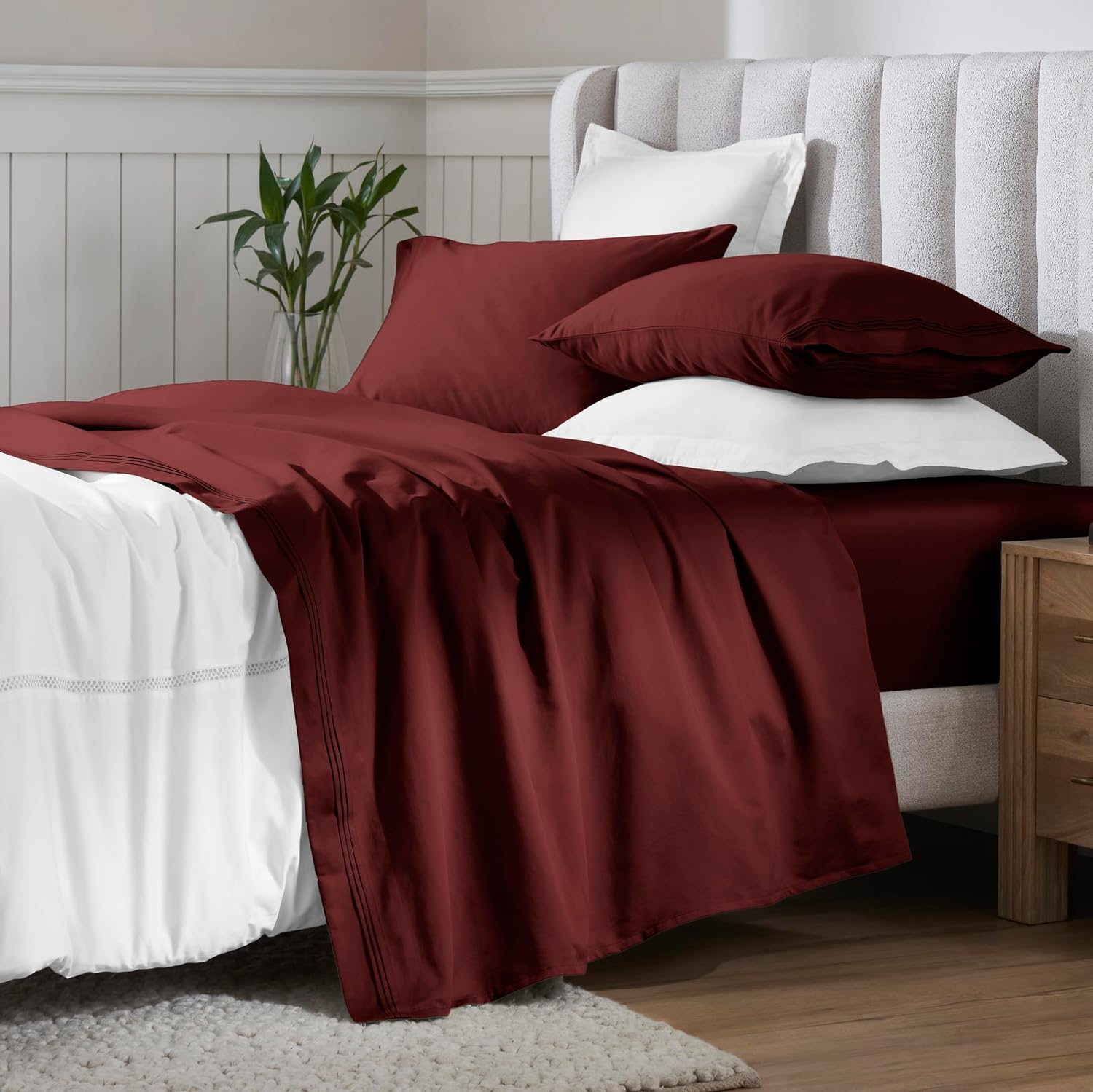 Superior Egyptian Cotton 4 Piece Sheet Set, 650 Thread Count, Eco-Friendly, Sustainable Sheets, Ultra-Soft Basics, Solid, Deep Pocket Fitted Sheet, Flat Sheet, Pillowcases, California King, Burgundy
