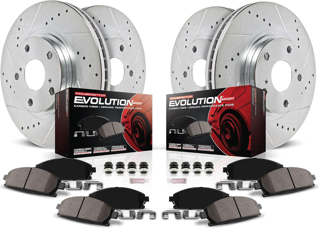 PowerStop Front and Rear Brake Kit for Acura TLX 2015-20 - Drilled and Slotted Disc Rotors with Carbon-Fiber Ceramic Brake Pads Replacement, K7284