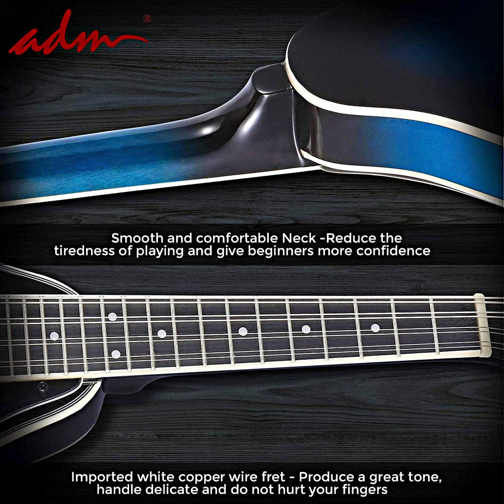 ADM Acoustic Mandolin Instrument Kit Music A Style for Kids Students Adults Wood Mandolins Beginner Set With Bag, Tuner, Pick-up, Strap, Strings, Picks and Hanger, Blue