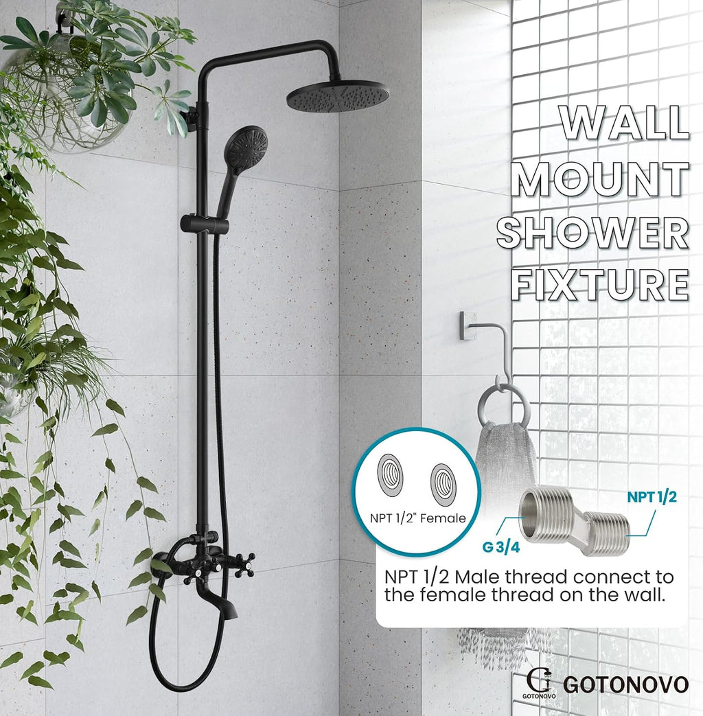 gotonovo Exposed Shower Faucet Set 8 Inch Rainfall Showerhead 3-Function Shower Fixture with Tub Spout 2 Corss Handles Shower System, Matte Black