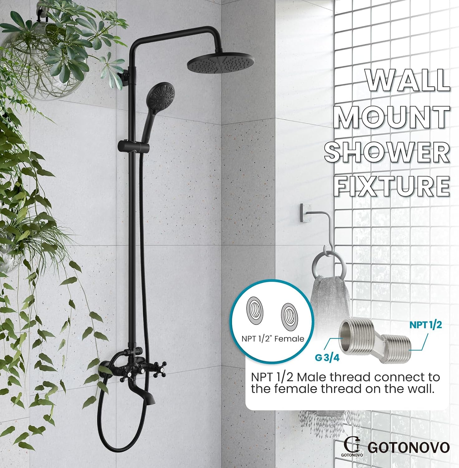 gotonovo Exposed Shower Faucet Set 8 Inch Rainfall Showerhead 3-Function Shower Fixture with Tub Spout 2 Corss Handles Shower System, Matte Black