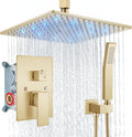 Aolemi Ceiling Mount Shower Faucet Set with Handheld Spray High Pressure Shower Faucets Sets Complete Rough-in Valve and Shower Trim Kit System Included Rainfall Brushed Gold 12 Inch LED Shower Head