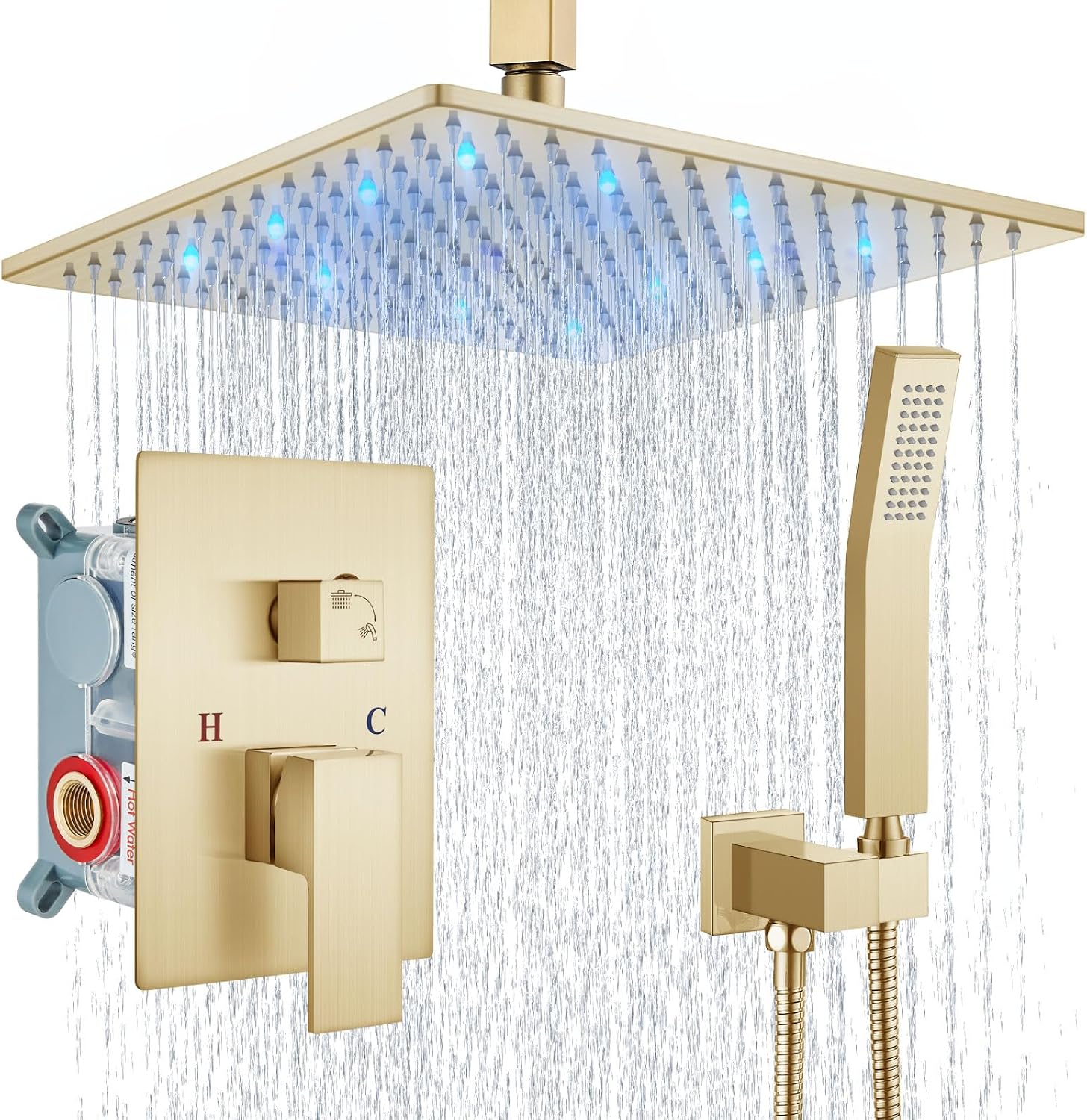 Aolemi Ceiling Mount Shower Faucet Set with Handheld Spray High Pressure Shower Faucets Sets Complete Rough-in Valve and Shower Trim Kit System Included Rainfall Brushed Gold 12 Inch LED Shower Head