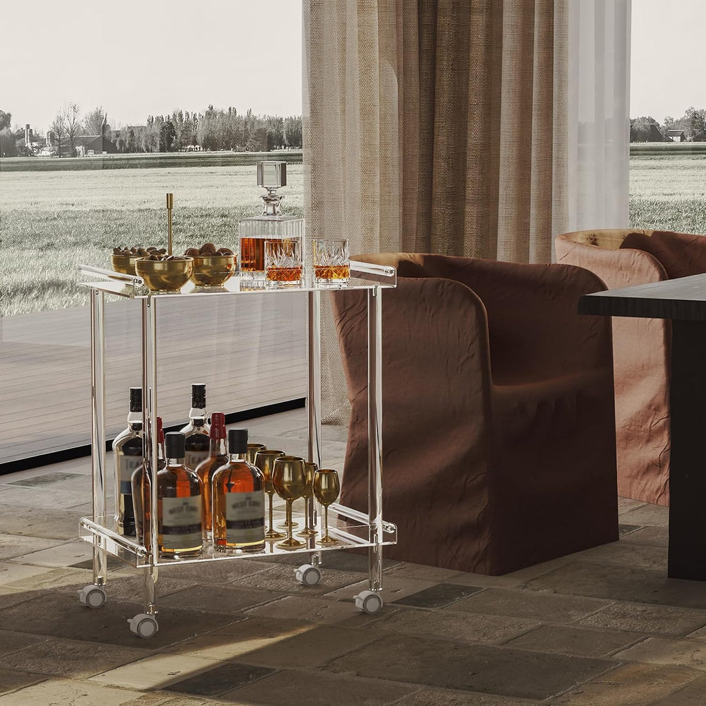 HMYHUM Acrylic Bar Cart, Rolling Serving Cart with 4 Lockable Wheels for the Home Bar, Kitchen, Living Room, Modern, 2-Tier, 23.6' L x 15' W x 30' H, Clear