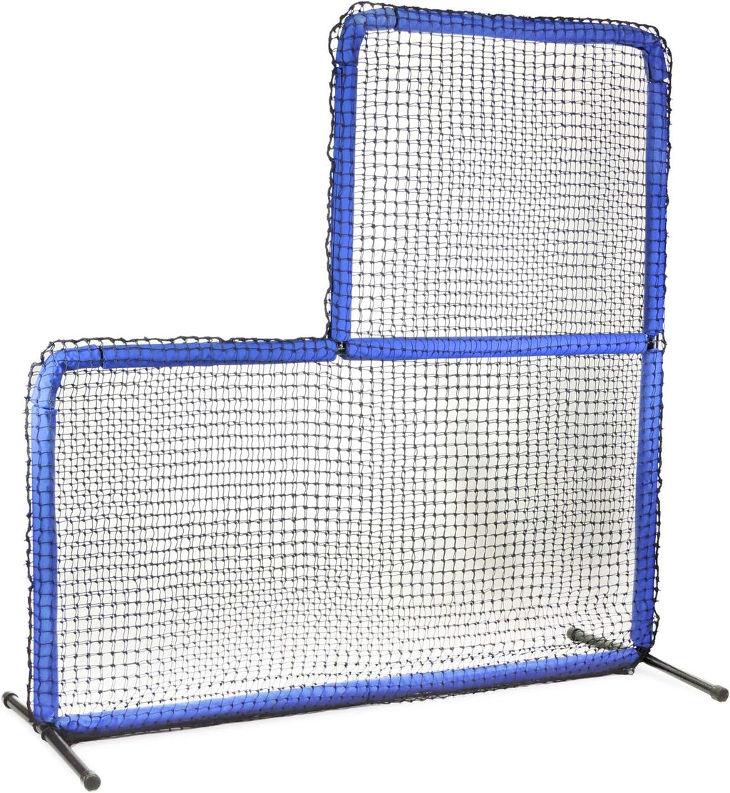 JUGS Protector Blue Series L-Shaped Pitchers Screen — Baseball Pitcher and Pitching Machine Protection, 7'H x 7'W with a 3' x 3' cutout, 60 Ply Poly-E Netting and 1.5' Diameter Frame, 1-Year Guarantee