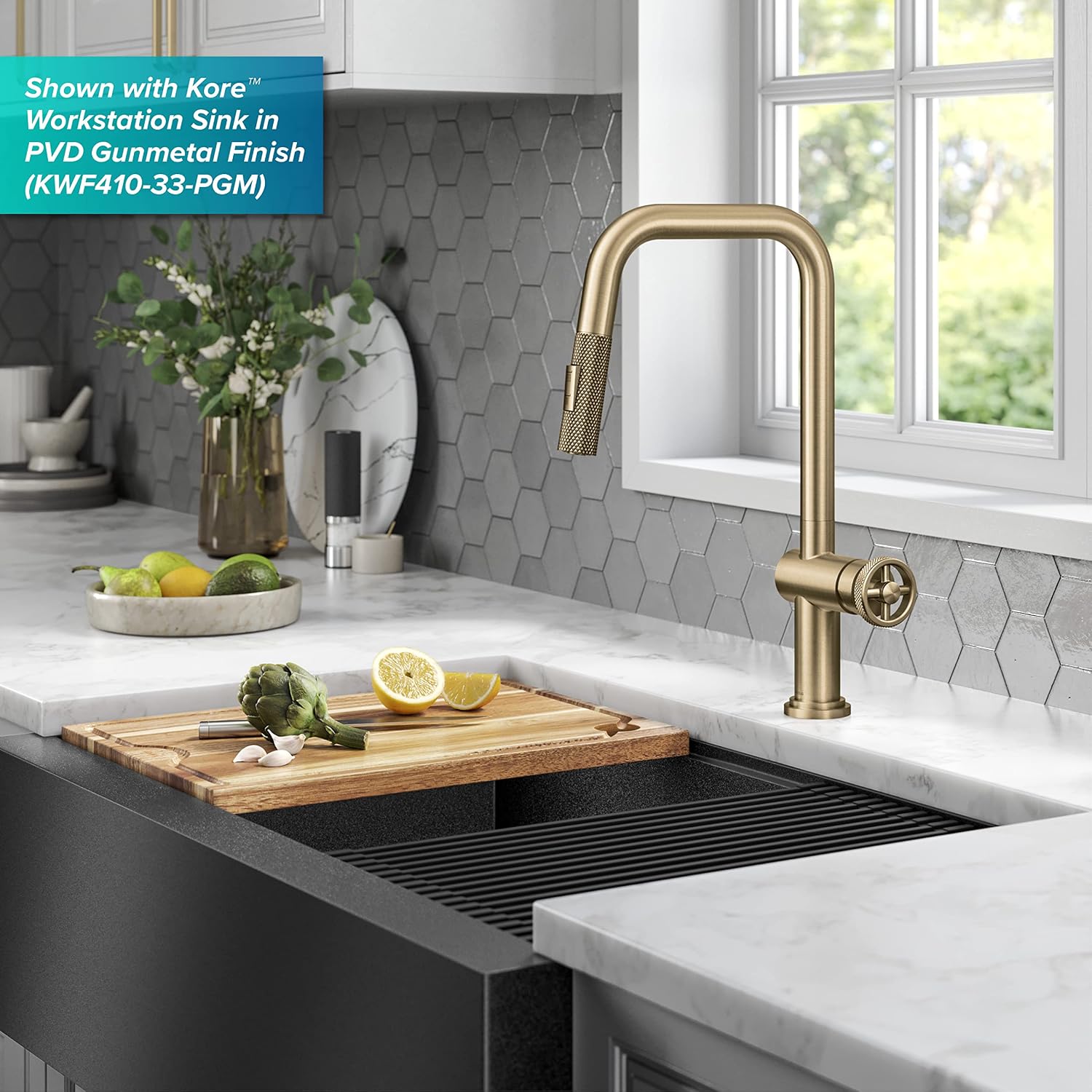 KRAUS Urbix Industrial Pull-Down Single Handle Kitchen Faucet in Brushed Gold, KPF-3126BG
