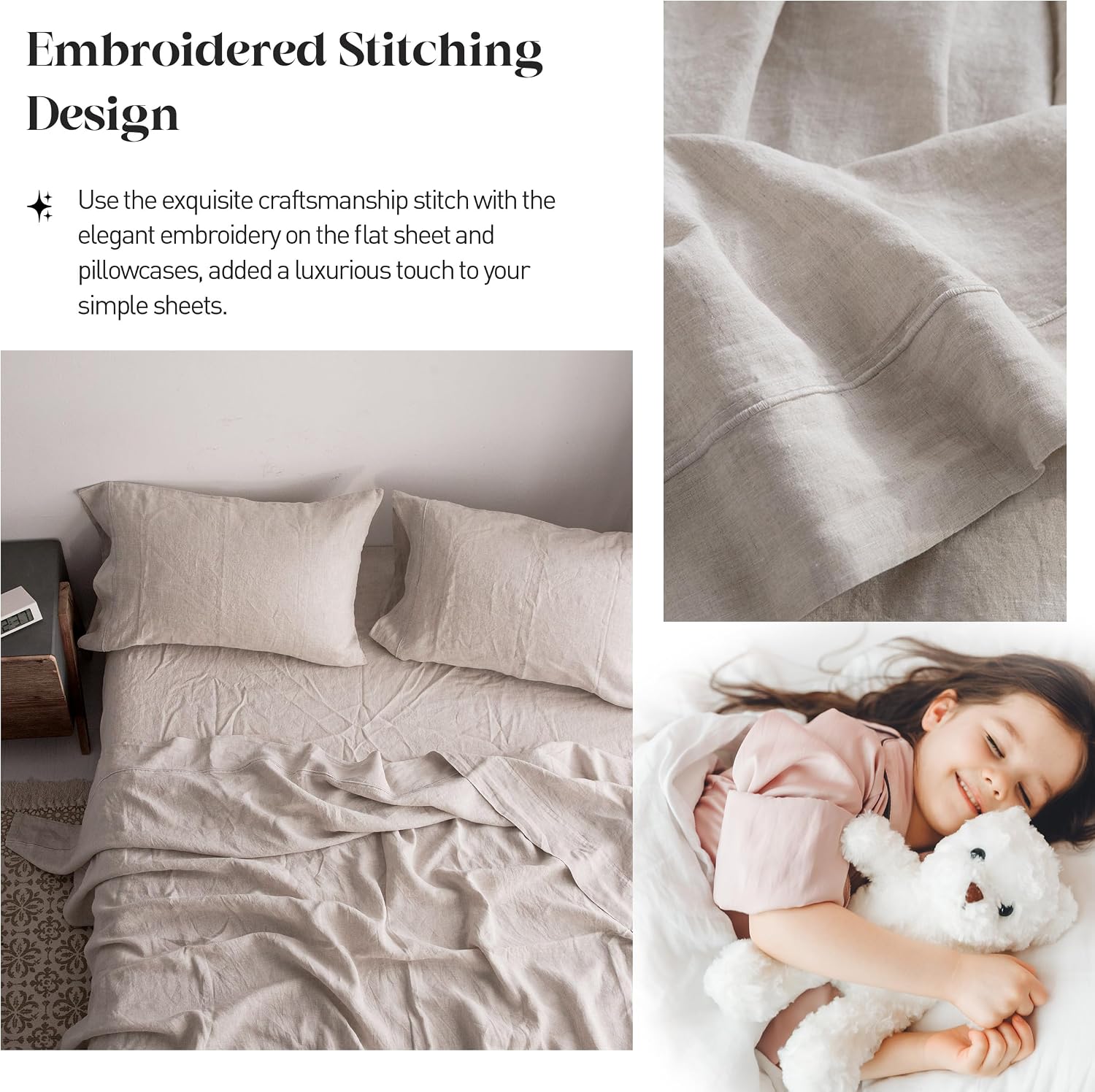 Simple&Opulence 100% Pure Linen Sheet Set Twin Size, Natural French Flax Solid Color 3 Pcs Washed Breathable, Farmhouse Bedding (1 Flat Sheet,1 Fitted Sheet,1 Pillowcase)-Embroidery Linen