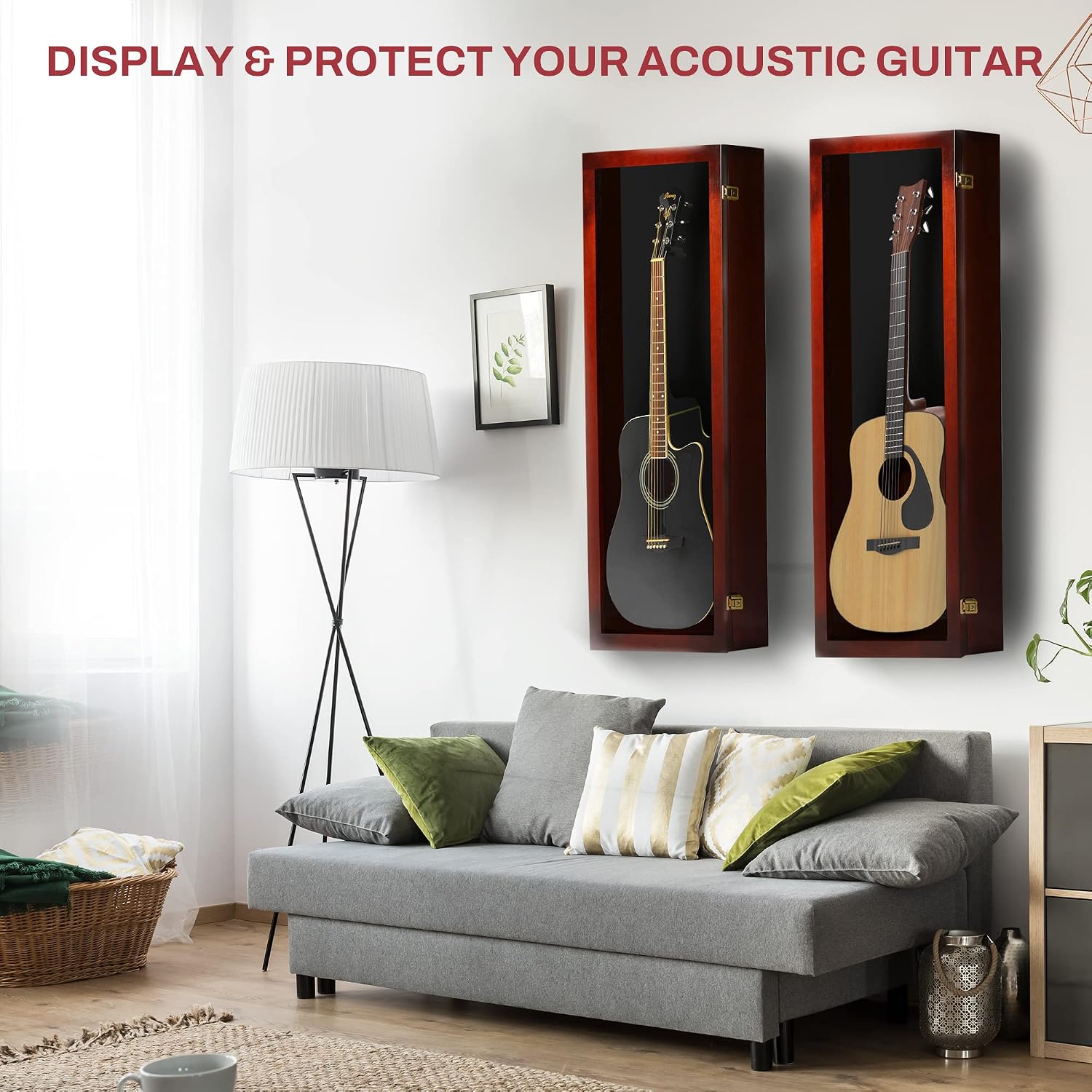 PENNZONI Acoustic Guitar Display Case - Acrylic Acoustic Guitar Case - Guitar Display Case Wall Mount Made from Hardwood Frame & Clear Acrylic - Cherry w/ Black Felt