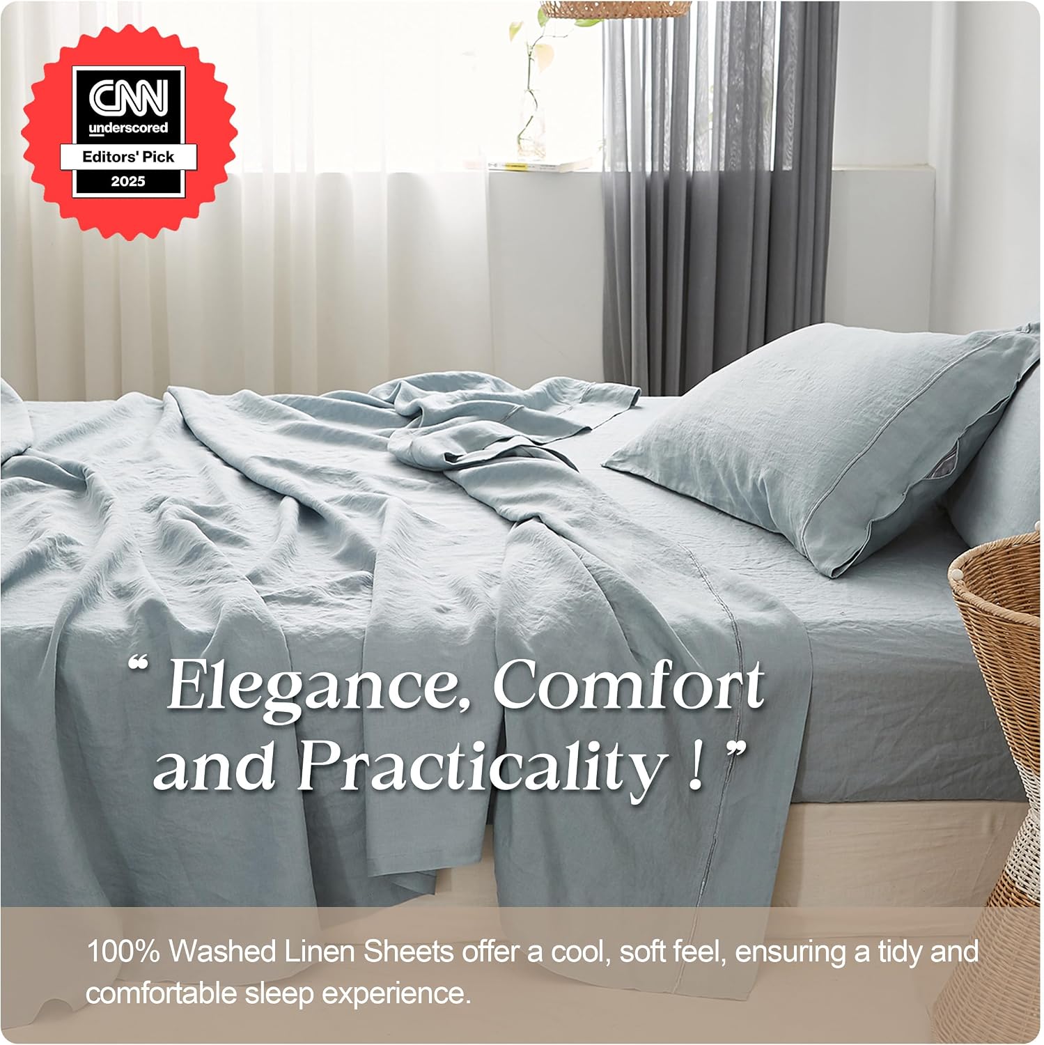 Simple&Opulence 100% Pure Linen Sheet Set Queen Size, Natural French Flax Solid Color 4 Pcs Washed Breathable, Farmhouse Bedding (1 Flat Sheet,1 Fitted Sheet,2 Pillowcases)-Embroidery Dusty Blue