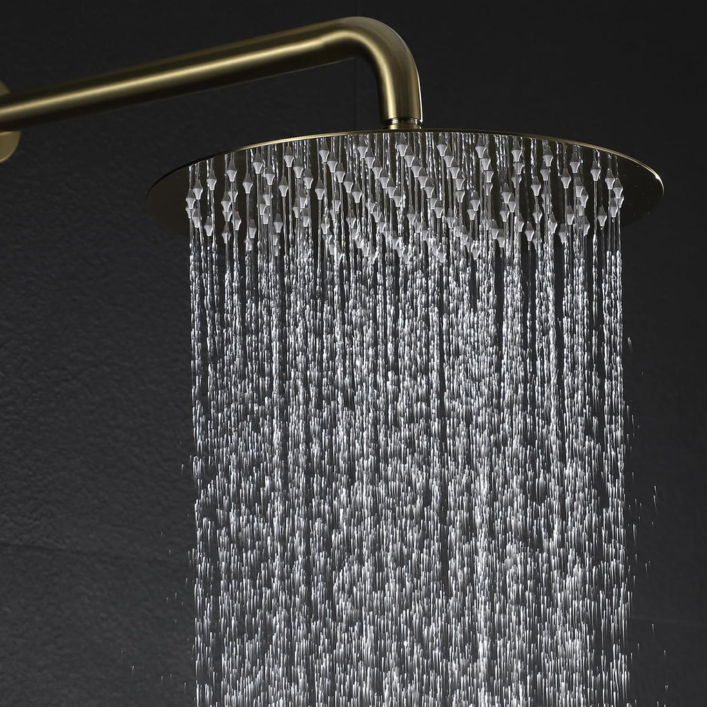 Brushed Gold Shower Fixture Set Has 12 Inch Rain Shower Head with Handheld Showerhead, Brushed Brass Gold Shower System with Solid Brass Valve The Golden Brushed Shower Faucet for Bathroom