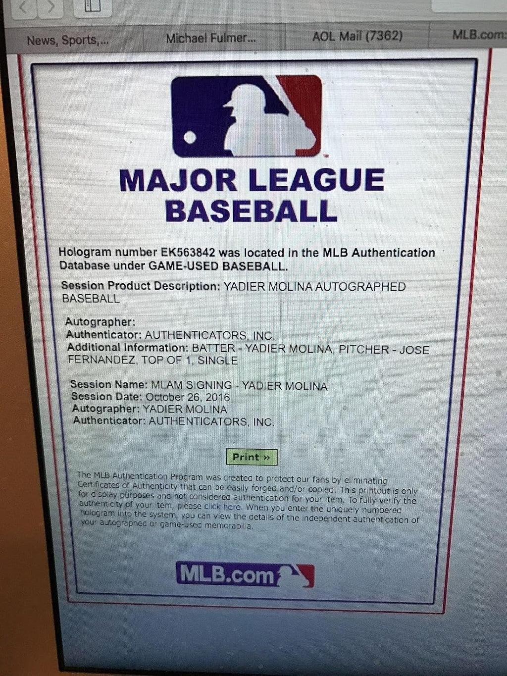 Yadier Molina Signed Rbi Single Thrown By Jose Fernandez-roy Pitced Mlb Holo 1/1 - MLB Game Used Baseballs