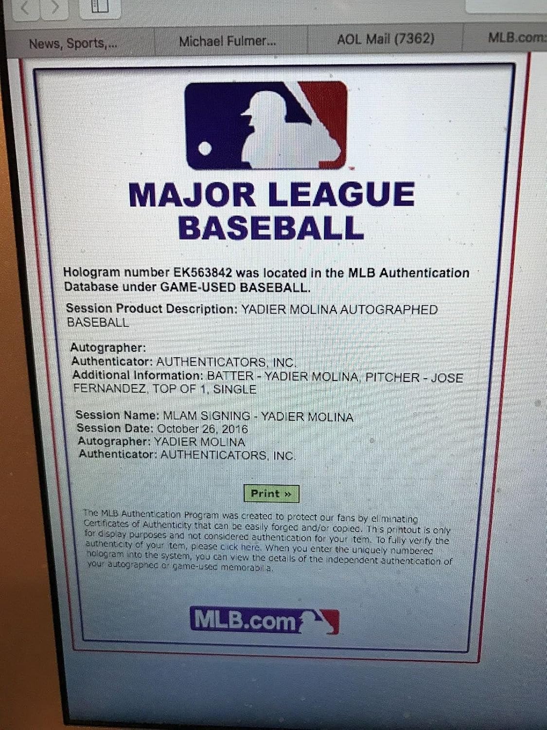 Yadier Molina Signed Rbi Single Thrown By Jose Fernandez-roy Pitced Mlb Holo 1/1 - MLB Game Used Baseballs