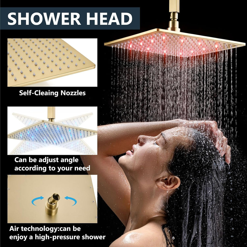Aolemi Ceiling Mount Shower Faucet Set with Handheld Spray High Pressure Shower Faucets Sets Complete Rough-in Valve and Shower Trim Kit System Included Rainfall Brushed Gold 12 Inch LED Shower Head