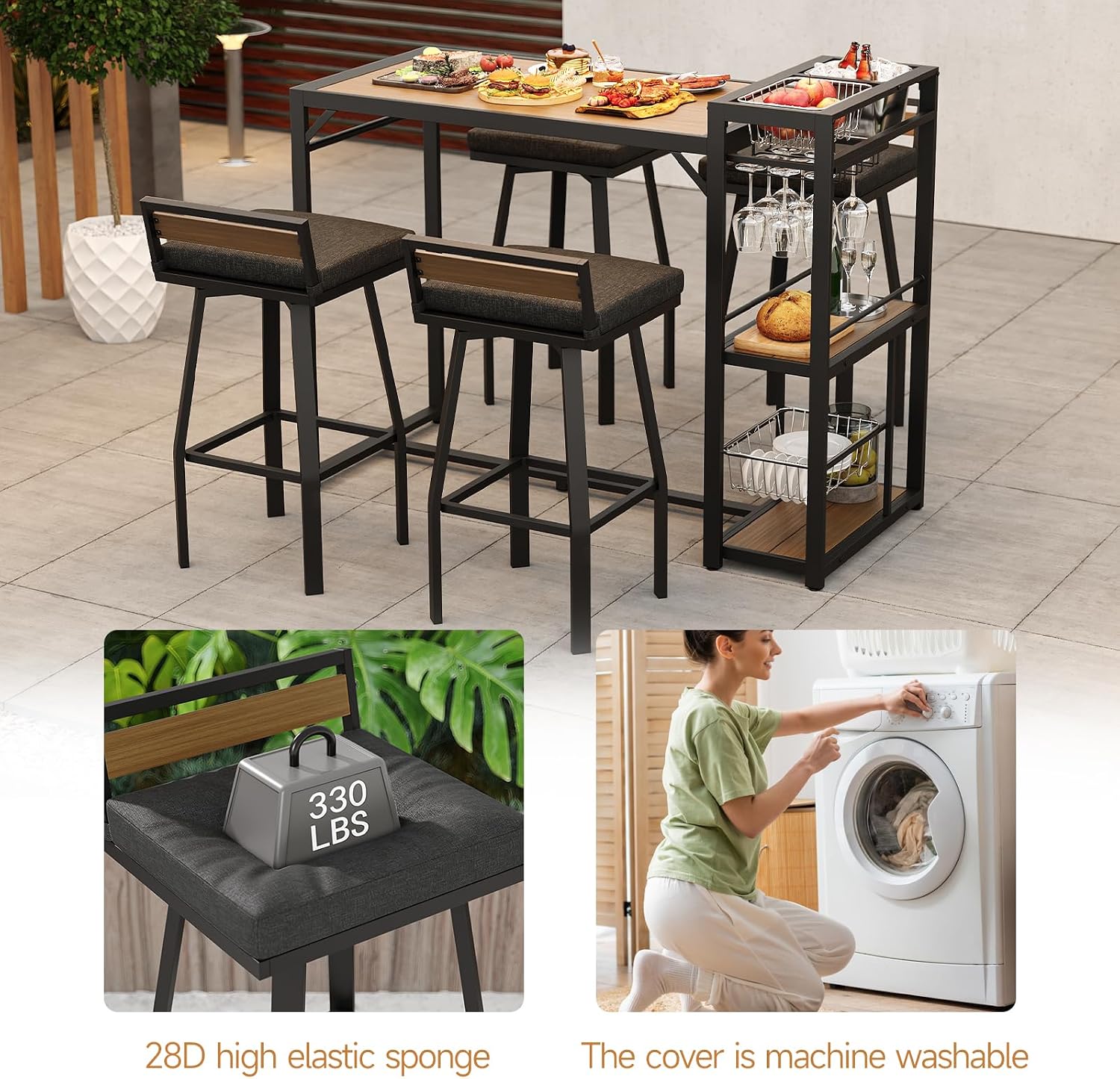 ONBRILL 5-Piece Outdoor Patio Bar Set, Outdoor Bar Table and Chairs Set w/Storage Shelves, Wood Plastic Tabletop, 360° Swivel Stools, Weather-Resistant, Outdoor Furniture for Backyard, Garden, Porch